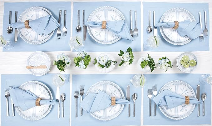 Solino Home Sky Blue Linen Napkins Set of 4-100% Pure Linen Hemstitch Dinner Napkins 20 x 20 Inch for Spring, Easter - Classic Hemstitch
