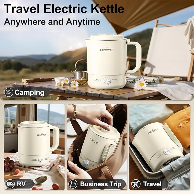 Stariver Portable Travel Kettle, 600ML Small Electric Kettle with Foldable Handle, Food Grade Stainless Steel Collapsible Water Boiler with Dual Modes, Compact Portable Kettle for RV, Camping, Beige