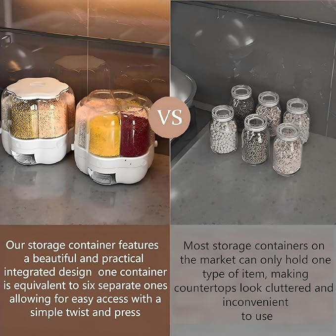 360° Rotating Candy & Grain Dispenser with 6 Compartments, One-Click Dry Food Cereal Dispenser, Large Capacity Transparent Storage Container for Rice, Grains, Nuts & Snacks (White, B)