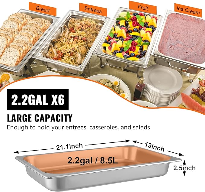 VEVOR Hotel Pans Full Size 2.5 Inch Deep, Steam Table Pans 6 Pack,0.8mm Thick Stainless Steel Hotel Pan Anti Jam Steam Table Pan, for Home, Party, Restaurant, Hotel, Buffet