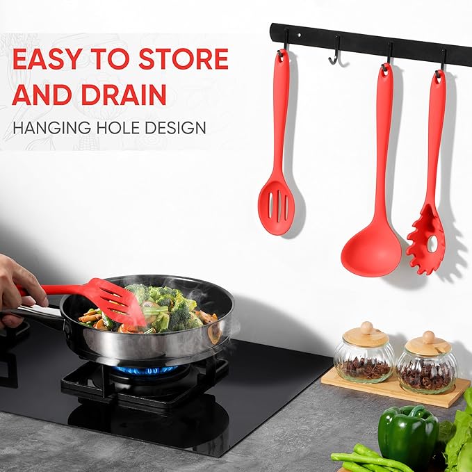 Herogo Silicone Cooking Utensils Set, 7-Piece Kitchen Utensils Set, Heat Resistant Cooking Gadget Tools Slotted Turner, Spoon, Soup Ladle, Pasta Server, Spatula, Tongs for Nonstick Cookware, Red