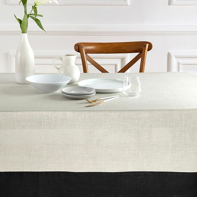 Solino Home Linen Tablecloth 60 x 120 Inch - 100% Pure Linen Black and Natural Rectangular Tablecloth - Machine Washable Table Cloth for Winter - Contempo