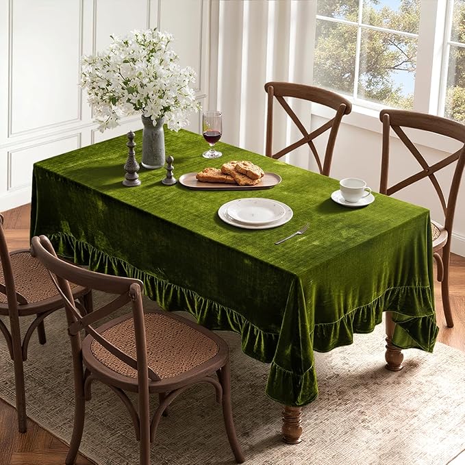 MIULEE Velvet Table Cloth with Decorative Ruffle Edge Luxurious Soft Spring Washable Rectangular Tablecloth Thick Wrinkle-Resistant Oblong Table Cover for Kitchen Dining 60x84 Inch, Olive Green