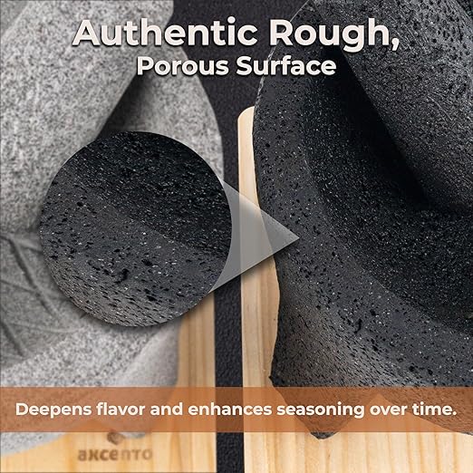 Molcajete Mexicano 8-Inch Guacamole Bowl with Pestle and Mortar Bowl Set, Volcanic Rock Molcajete, Oven Safe, Handmade in Mexico, Includes Cutting Board and Instructions, 750ml - Black Stone