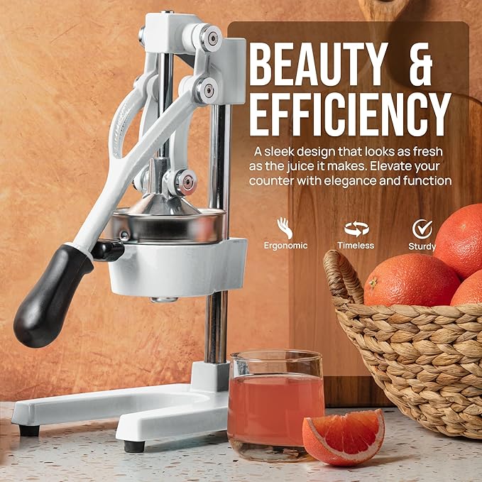 Zulay Kitchen Cast Iron Juicer - Easy-to-Clean Heavy-Duty Manual Juicer, Professional Citrus Juicer - Stainless Steel Lemon Squeezer - Manual Citrus Press & Orange Squeezer - Orange Juicer – White
