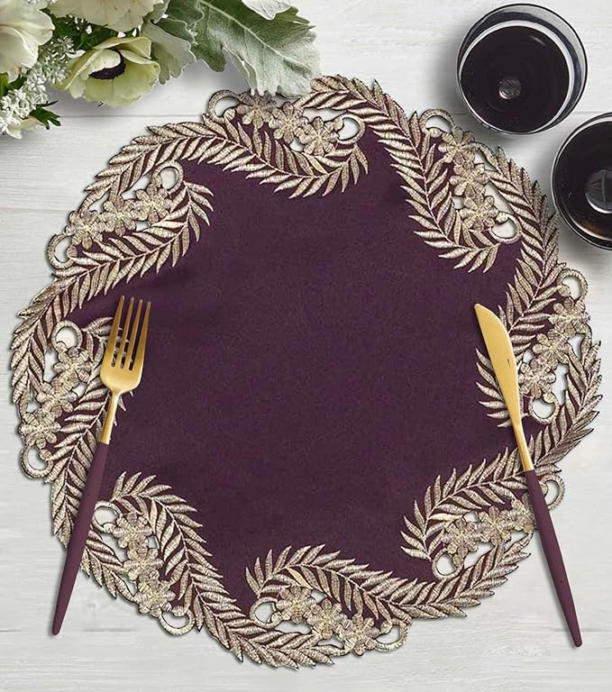 Decozen Set of 4 Doilies for Table, Lace Doilies - Rustic, Crochet, Farmhouse, Kitchen, Dining Table Centerpiece Decor - Round Christmas Placemats for Home 15 inch Gold Plum, The Anyce Collection