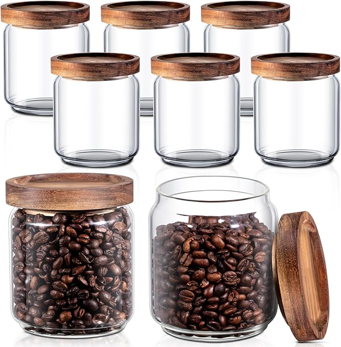Irenare 8 Pack Glass Containers Canister Set, 17 oz Food Storage Spice Jars with Airtight Lids, Clear Kitchen Containers for Coffee Sugar Tea Beans Nuts Candy Pantry Organization (Wood)