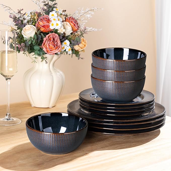 GBHOME Ceramic Dinnerware Sets,12 pcs Embossed Elegant Stoneware Plates and Bowls Sets, Housewarming Wedding Gift | Dishwasher & Microwave Safe | Dishes Set Service for 4