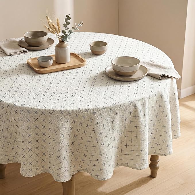 Horaldaily White Round Table Cloth, Cross-Star Solid Textured Embroidery Tablecloth, Wrinkle Free Washable 60×60 Inch Table Cover for Kitchen, Party, Wedding, Picnic, Outdoor