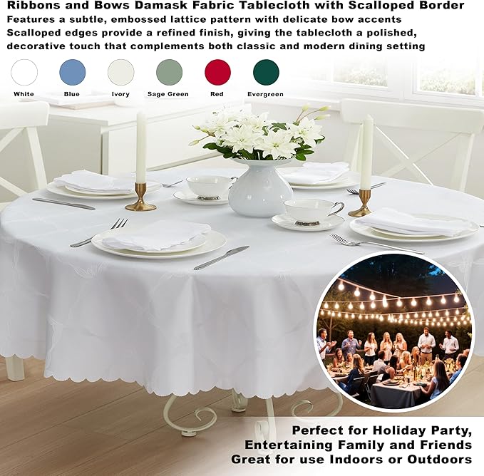 Newbridge Ribbons and Bows Damask Spring & Easter Holiday Fabric Tablecloth, White, 60 x 102 Inch Oval, Wrinkle & Stain Resistant Table Cover
