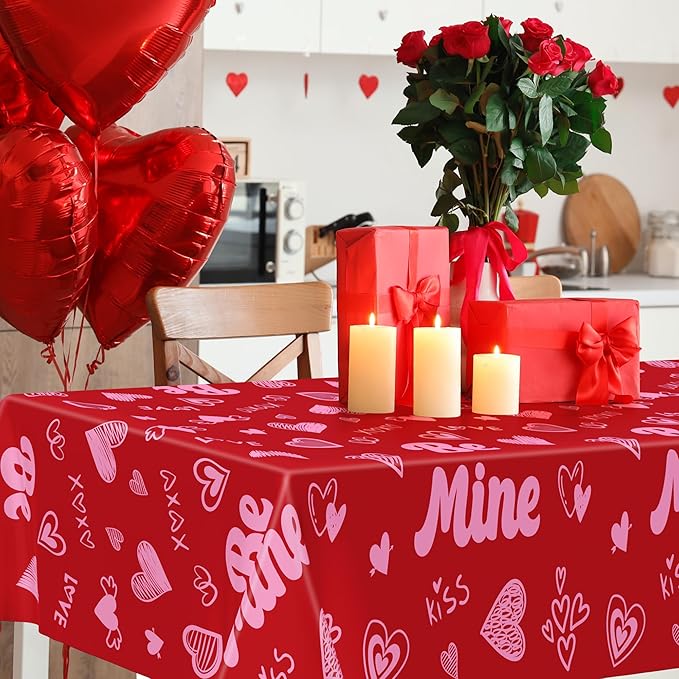 QZYL 6 Pcs Valentines Tablecloth, 54" X 108" Pink Love Heart Plastic Table Cover, Valentines Disposable Rectangle Table Cloth, Valentine's Decorations for Love Wedding Engagement Anniversary Party