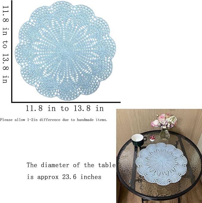 BIBITIME Round Flower Lace Doilies Vase Mats Kitchen Tablecloth Dish Plate Mat Handmade Crochet Table Doily Placemats (Light Blue, 11.8 in to 13.8 in,2PCS)