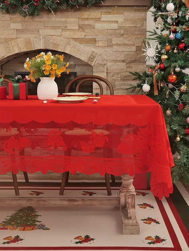 Jayla Christmas Red Lace Tablecloth, Vintage Red Lace Rectangular Tablecloth for Party Picnic Dinner Decor, 60 x 88 Inches