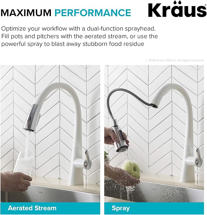 Kraus KPF-1673CHWH Nolen Dual Function Pull, Faucets for Kitchen Sinks, Single-Handle, 16 3/8 Inch, Matte White/Chrome
