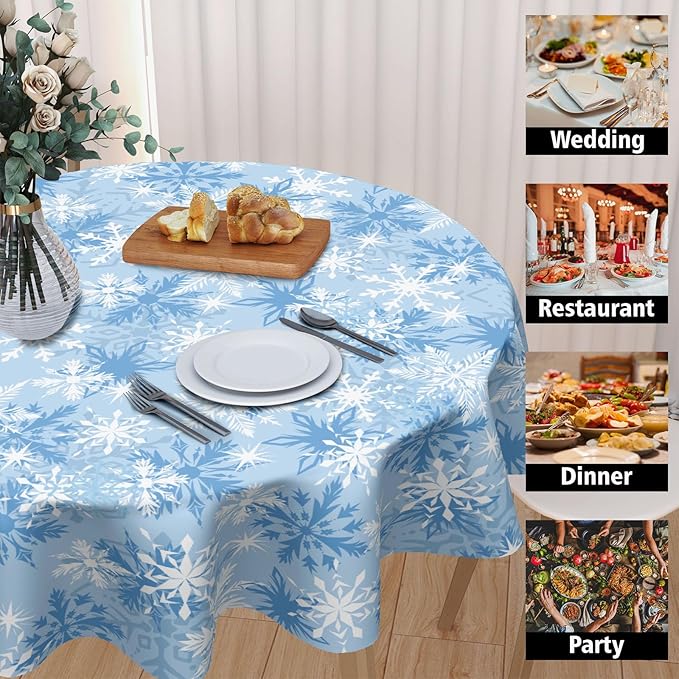 Blue Christmas Round Tablecloth 70 Inch Winter Snowflake Blue and White Table Cloth Round Xmas Holiday Table Cover for Kitchen Dinner Home Decor
