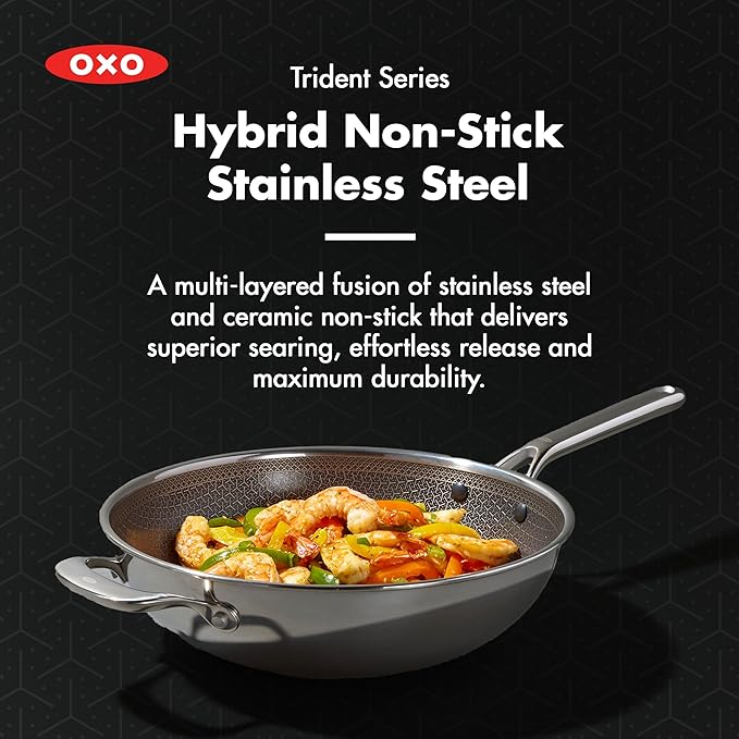 OXO Hybrid 12” Nonstick Wok with Glass Lid, PFAS-Free Ceramic Stir-Fry Pan, Induction & All Cooktop Compatible, Dishwasher Safe, Fusion Boost Tech for Powerful Searing, Mirror Polished Tri-Ply