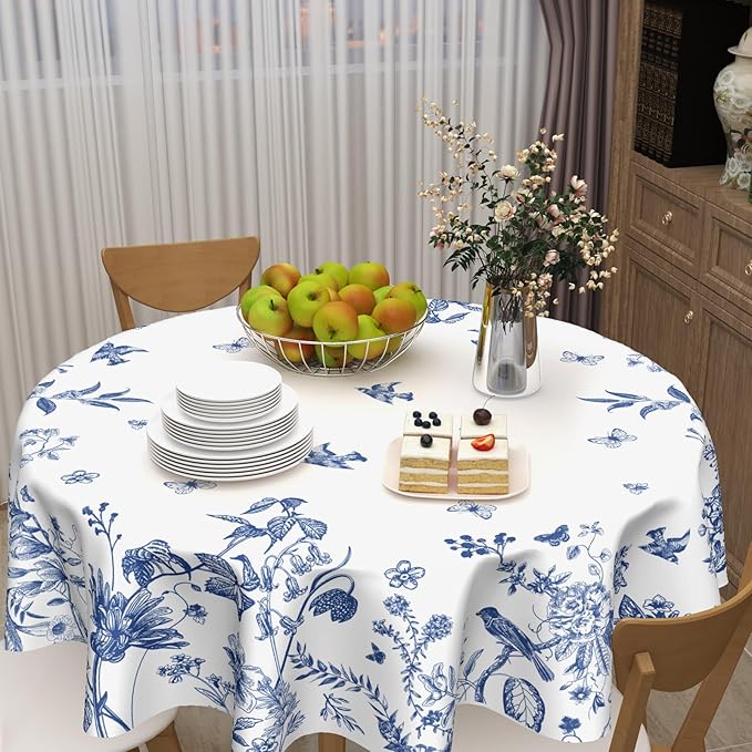 Spring Blue White Floral Round Tablecloth 60 Inch Summer Chinoiserie Flower Bird Circle Table Cloth Rustic Farmhouse Table Cover for Party Kitchen Dinner Home Decor