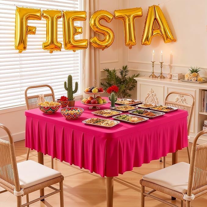 Wish Care Hot Pink Spandex Tablecloths for 48x48 Inch Square Tables, Stretch Fitted Table Clothes with Pleated Ruffle Skirt for 48” Table, Wrinkle Free and Elastic, for Party Kitchen Home Dining