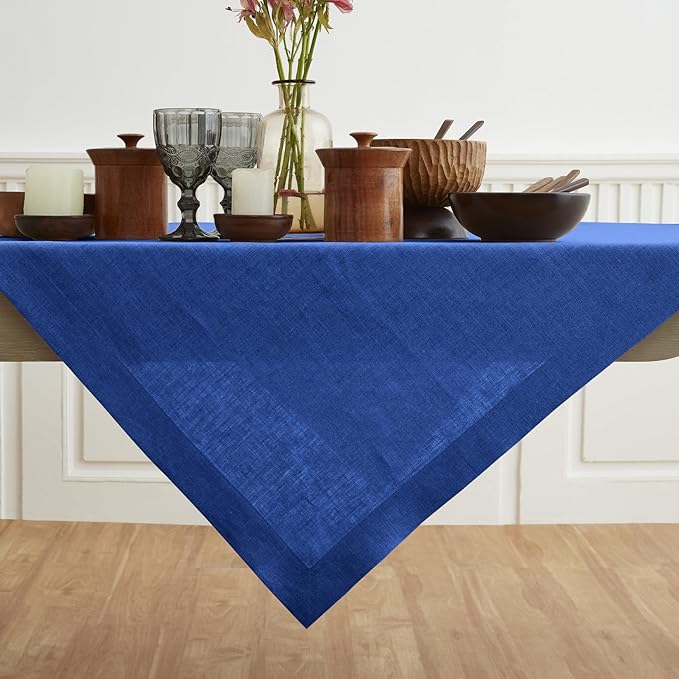 Solino Home Linen Square Tablecloth 52 x 52 Inch - 100% Pure Linen Royal Blue Table Throw - Fete, Machine Washable Table Cloth