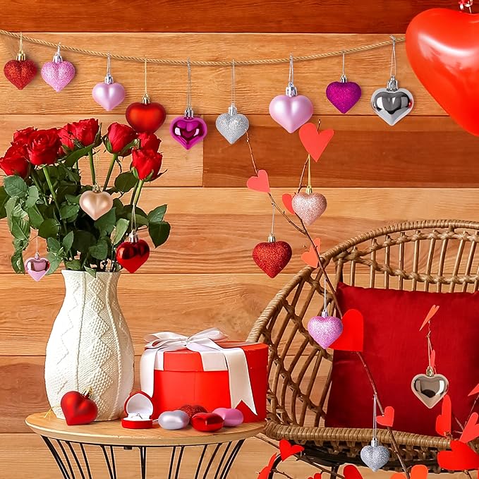 60 PCS Heart Shaped Ornaments, Romantic Glitter Hanging Baubles Decorations, Red Pink Glossy Ornaments Bulk for Valentine's Day Wedding Party Home Decor