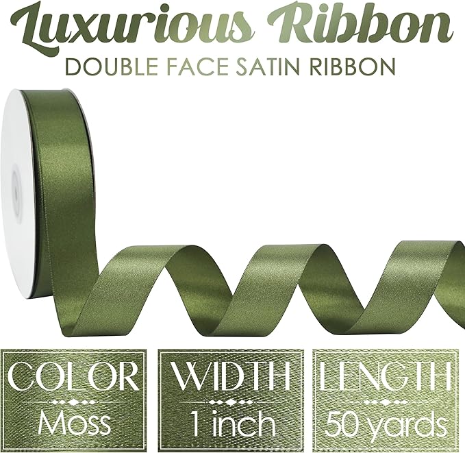 MEEDEE Moss Green Ribbon 1 Inch Moss Green Satin Ribbon Lux Double Faced Ribbons by 50 Yards Polyester Green Wrapping Ribbons for Crafts, Weddings, Flower Bouquet, Holiday Decorating