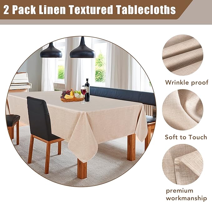 Fitable Linen Textured Beige Tablecloths 2 Pack, Faux Burlap Fabric Rectangle Table Clothes for 8 Foot Tables, Rustic Table Covers for Kitchen Dining, Vendor Events, Party, Farmhouse (54 x 120 Inch)
