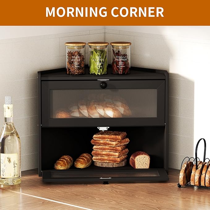 2 Tier Bread Box, Natural Bamboo Wood Bread Storage Container Cabinet with Window for Kitchen Countertop, Space Saver Handmade Sandwich Bread Keeper for Home Bakery (Black Corner Breadbox)