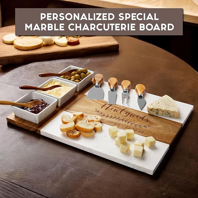 Personalized Charcuterie Board Set, Custom Laser Engraved Marble Wood Cheese Serving Board with Knife Set, Wedding & Engagement Gift for Couples, Bridal Shower & Housewarming Gift, Ready-to-Gift Box
