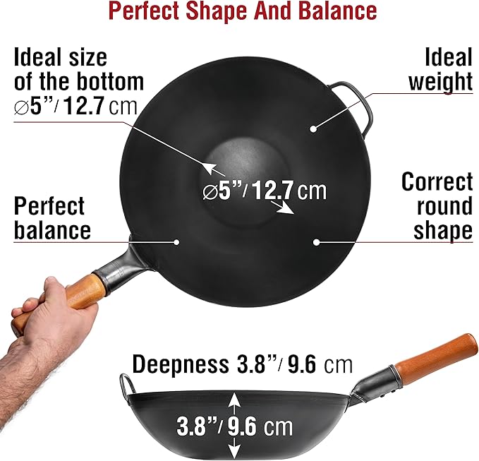 YOSUKATA Carbon Steel Wok Pan – 13,5 “ Stir Fry Pans with Flat Bottom + Wooden Wok Lid 13.5 in with Ergonomic Handle + 17" Spatula and Ladle and Turner