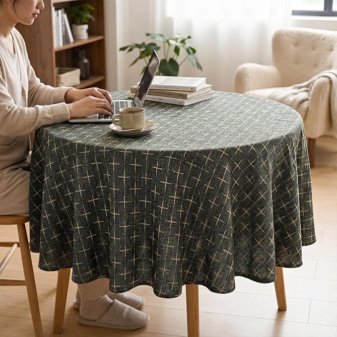 Horaldaily Taupe Round Table Cloth, Cross-Star Solid Textured Embroidery Tablecloth, Wrinkle Free Washable 60×60 Inch Table Cover for Kitchen, Party, Wedding, Picnic, Outdoor