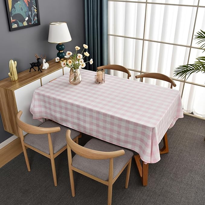 Gingham Table Cloth for Rectangle Tables Pink Checkered Plaid Tablecloth Heavy Duty Cotton Blend Washable & Wrinkle Table Cover for Outdoor Kitchen Dining Picnic Camping (52x98 Inch)