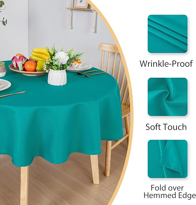 Hiasan Round Textured Tablecloth 60 Inch - Waterproof Spillproof Antiwrinkle Jacquard Table Cloth, Decorative Polyester Table Cover for Kitchen, Outdoor Picnic, Holiday and Parties, Turquoise