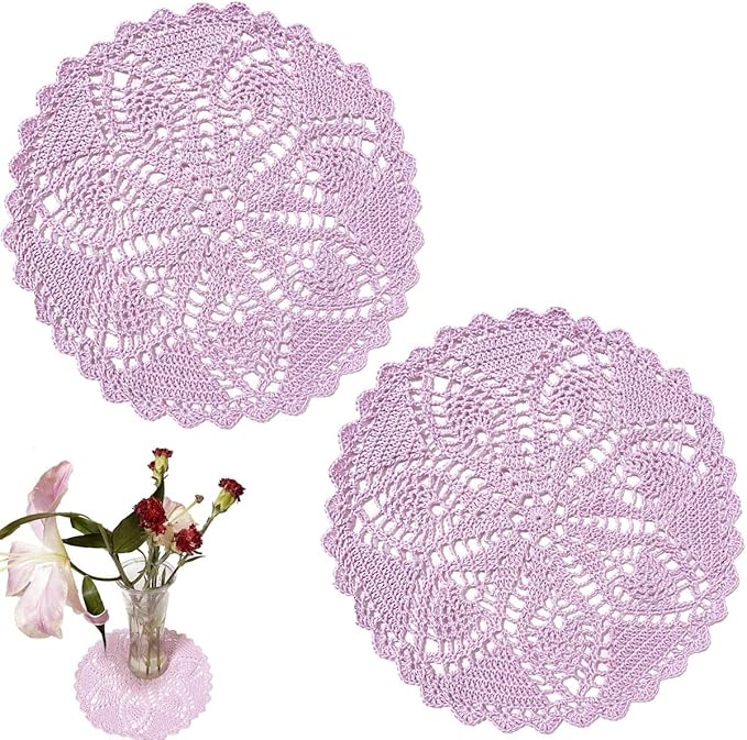 BIBITIME 2PCS Lace Doilies 11.5 inches to 13 inches Wedding Table Placemats Round Handmade Crochet Flower Doily Kitchen Cup Mug Mats,Light Purple