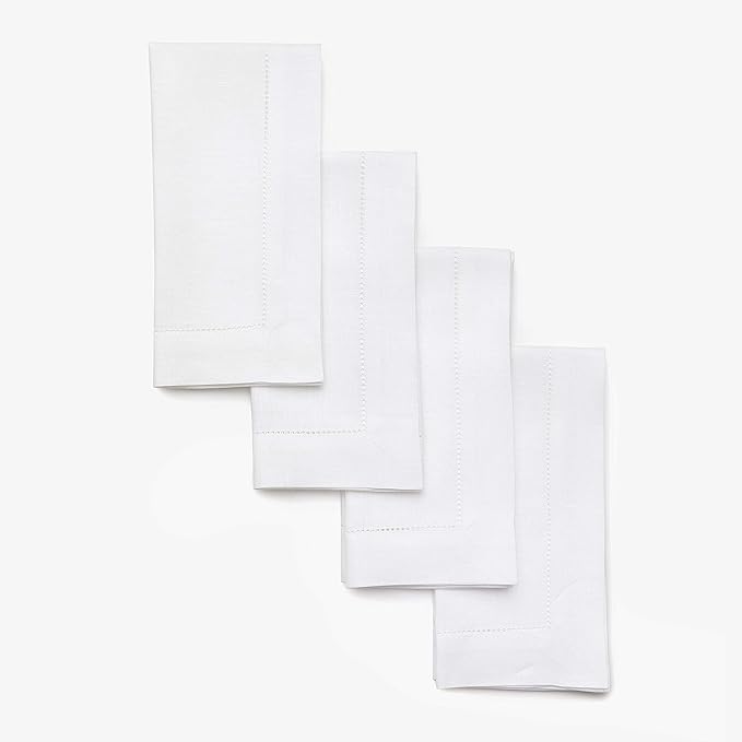 Solino Home White Linen Napkins Set of 4-100% Pure Linen Hemstitch Dinner Napkins 20 x 20 Inch for Winter, Valentines, Spring, Easter - Classic Hemstitch