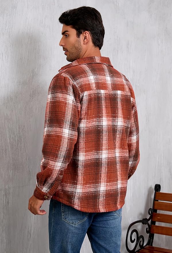 Men's Cotton Sherpa Lined Button Down Flannel Shirt Jacket Plaid Soft Outdoor Flannel Jacket Shirt
