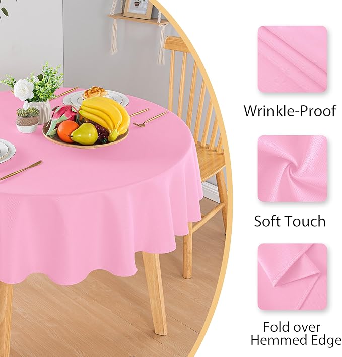 Hiasan Round Textured Tablecloth 60 Inch - Waterproof Spillproof Antiwrinkle Jacquard Table Cloth, Decorative Polyester Table Cover for Kitchen, Outdoor Picnic, Holiday and Parties, Pink