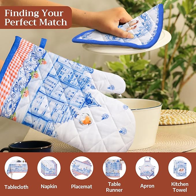 Maison d' Hermine Pot Holders 100% Cotton Heat Resistant Potholders 8" x 8" Hot Pads with Loop BBQ, Cooking, Baking, Grilling, Kitchen, Handling Hot Pans Spring/Summer (Pack of 1, Amsterdam Canals)
