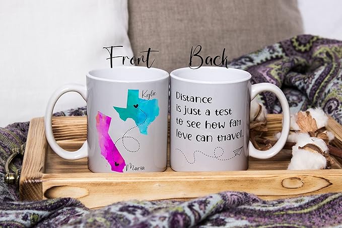 Personalized Long Distance Coffee Mug, Best Friends Quote Custom Mugs, States with Hearts over Cities, Add Names and Quote, State to State Mug, Long Distance Family, Friendship, Relationship Gifts