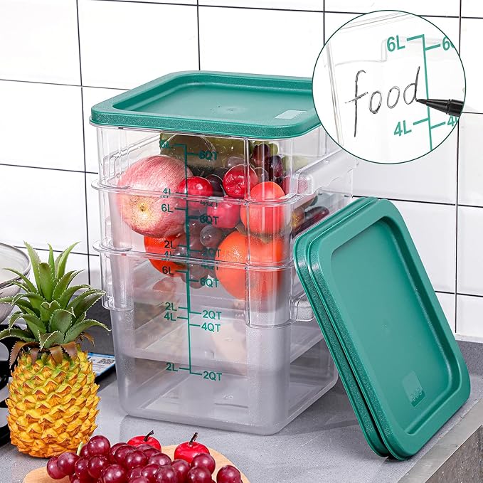 3 Sets 6 Qt Square Food Storage Containers with Lids Dough Proofing Bucket Commercial Polycarbonate Containers with Scale Clear Airtight Cereal for Pantry Home Restaurant (Green)