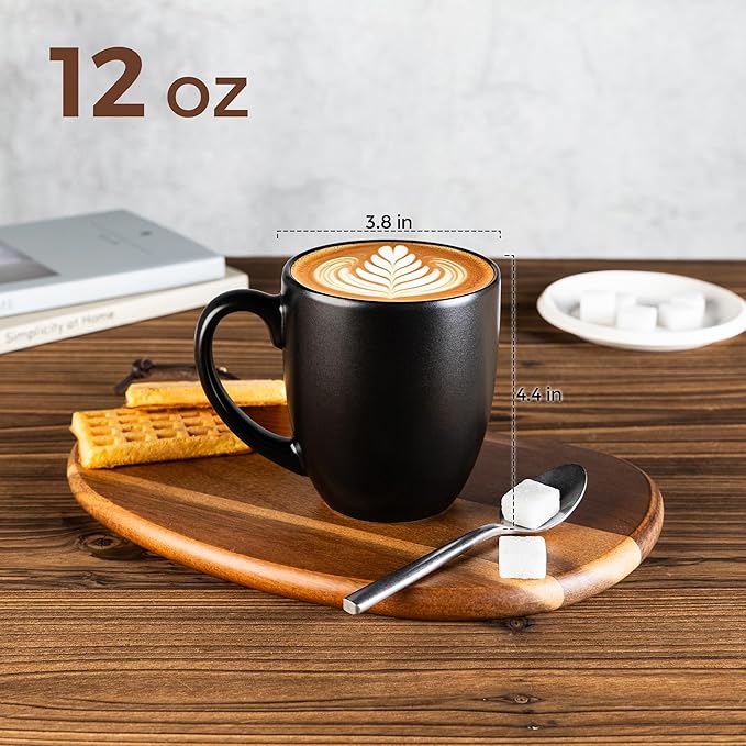 GBhome 12oz Coffee Mugs Set of 6, Large Ceramic Coffee Mugs for Man, Woman, Dad, Mom, Modern Coffee Mugs Set with handle for Tea/Latte/Cappuccino/Milk/Cocoa. Dishwasher&Microwave Safe,Matte Black