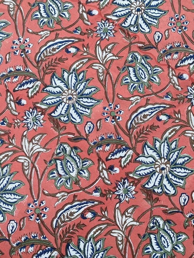 Ridhi Block Print Round Peach and Berry Blue Reusable Tablecloth 100% Cotton 132" Inch Decorative Table Cover eveyday Dining, Home, Party, Wedding, Farmhouse Gift for Spring, Easter, Valentine