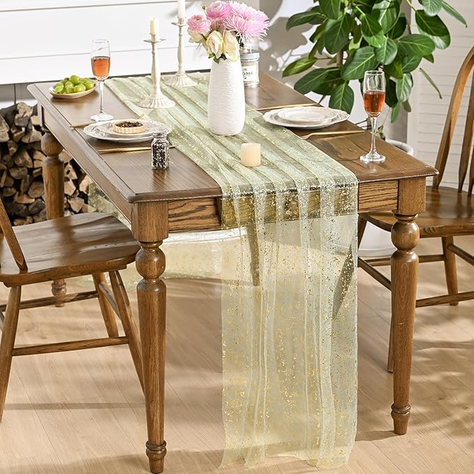 Artoid Mode 10PCS Sage Green Gold Gauze Table Runner 120 Inch 10FT, Glitter Metallic Foil Sheer Dining Wedding Anniversary Holiday Birthday Table Decor for Home Party
