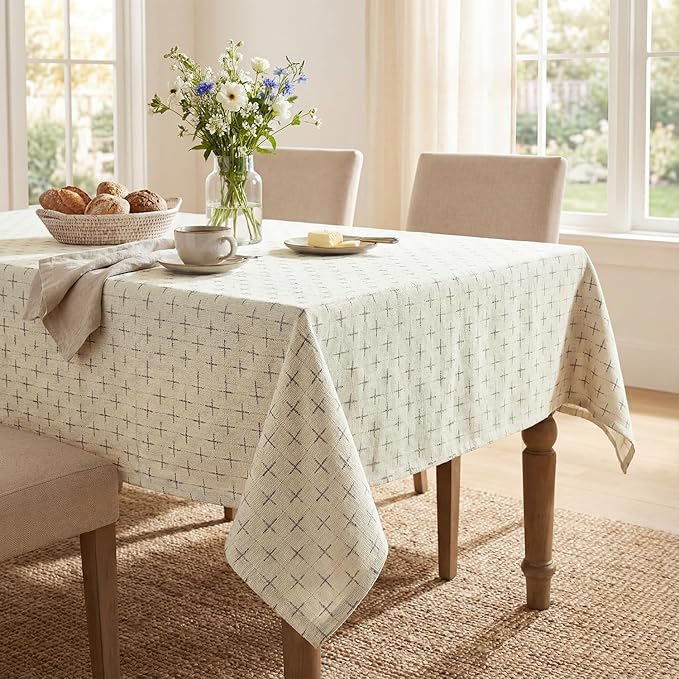Horaldaily White Rectangular Table Cloth, Cross-Star Solid Textured Embroidery Tablecloth, Wrinkle Free Washable 60×140 Inch Table Cover for Kitchen, Party, Wedding, Picnic, Outdoor