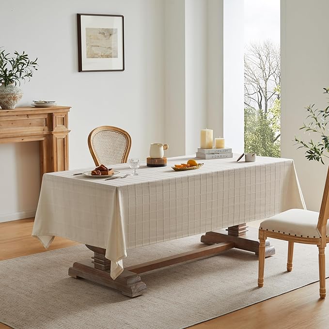 ZeeMart Linen Checked Table Cloth, Farmhouse Style Plaid Embroidered Neutral Tablecloth, Water Resistant Rectangle Table Cloth, Beige 52x70 Inches