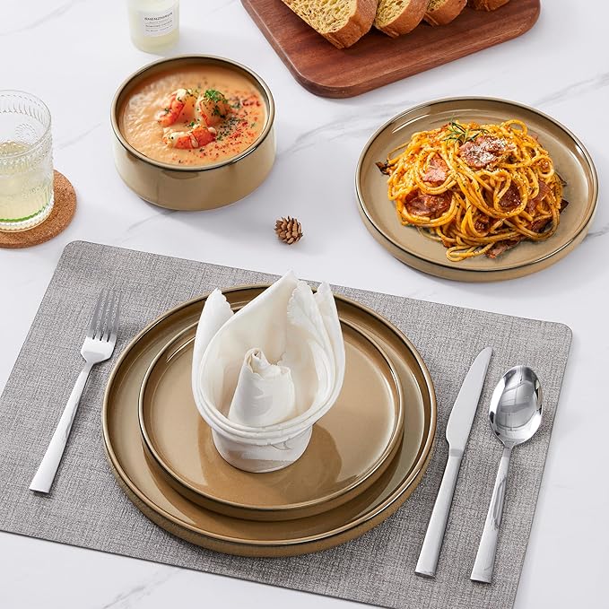 LIANYU Dinnerware Plates and Bowls Sets for 4, 12 Piece Modern Stoneware Dishes Set, Elegant Ceramic Dining Dishware for Dinner, Rustic Terracotta Bottom, Microwave & Dishwasher Safe, Amber Gold