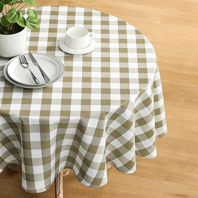 Checkered Tablecloth Rectangle Gingham Table Cloths Waterproof Wrinkle Free Buffalo Plaid Table Covers Washable for Dining, Parties & Outdoor Picnic(Khaki and White, 60" Round)