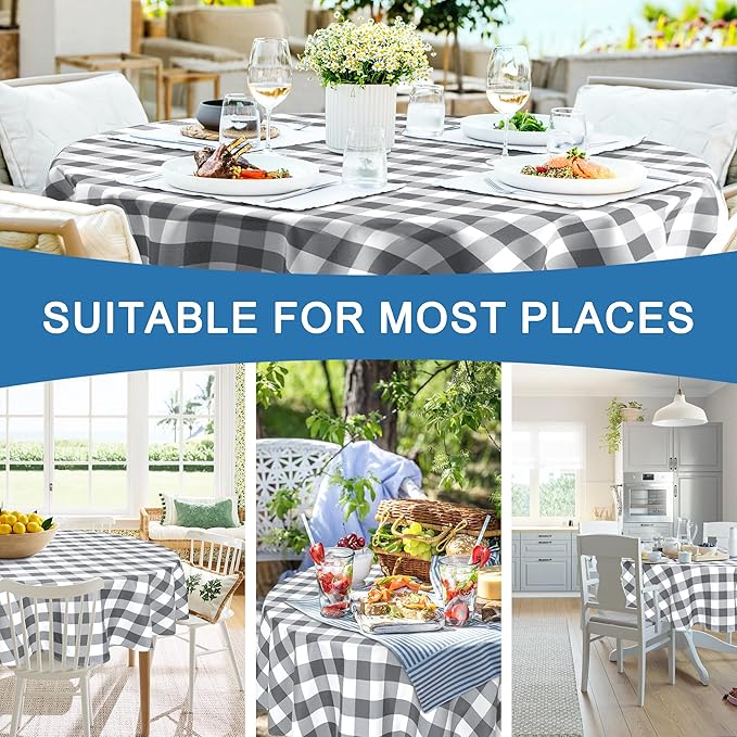 Hiasan Checkered Round Tablecloth 70 Inch - Waterproof Stain and Wrinkle Resistant Washable Fabric Table Cloth for Dining Room Party Outdoor Picnic, Grey and White