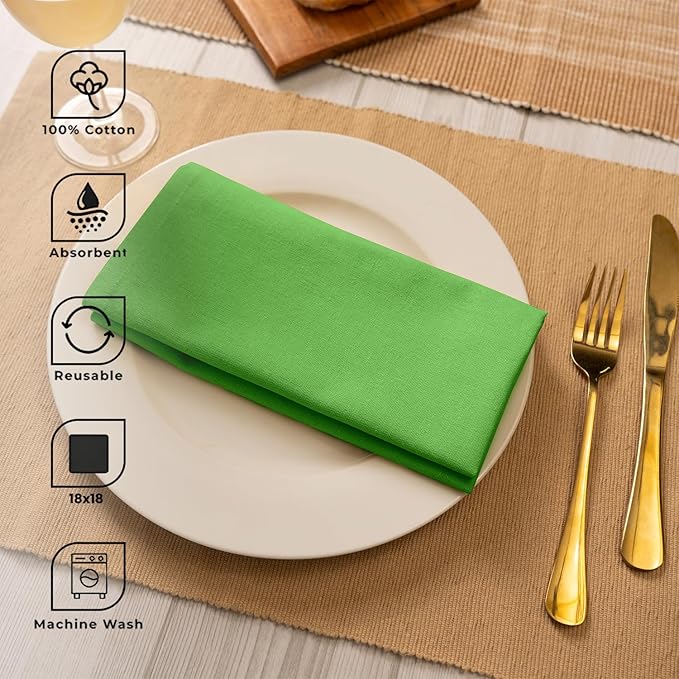 Blue Needles Solid Cloth Napkins Set of 6 Apple Green 100% Cotton Dinner Napkins 18x18 inches - Soft, Reusable, Absorbent & Washable Linen, Ideal for Christmas Events, Parties & Everyday Use