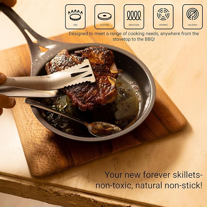 SOLIDTEKNICS AUS-ION Lightning Long Handle Skillet with Lil Flippa & Pan Scraper, 8 Inch Iron Frying Pan - Food-Safe, Naturally Seasoned, Lightweight & Durable Cookware, Made in Australia