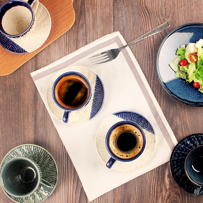 Coffee Mugs Set, 6.8 oz, Ceramic Tea Cup with saucer, Espresso Cups 8-piece, Stackable Cups, for Latte,Hot Tea,Cappuccino, Mocha, Cocoa, dishwasher & microwave safe, Blue border